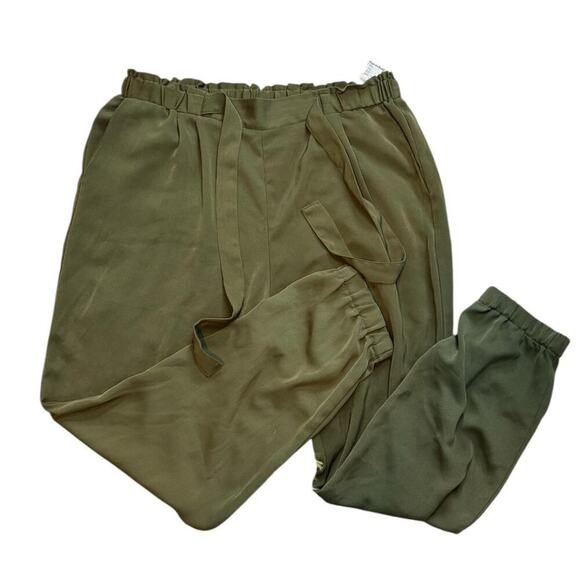 Stradivarius Lightweight Olive Green Tie-Front Dress Pants with Elastic Waist - Picture 1 of 6